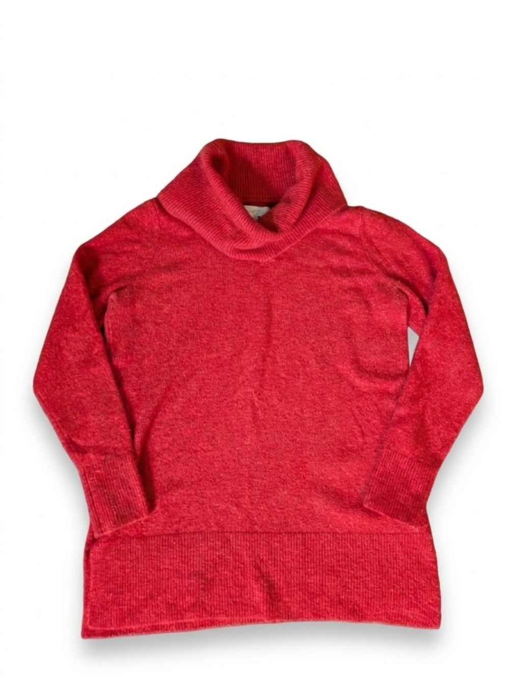 Ann Taylor LOFT Cowl Neck Sweater Top M Red Textured Knit Side Slit Cozy Holiday